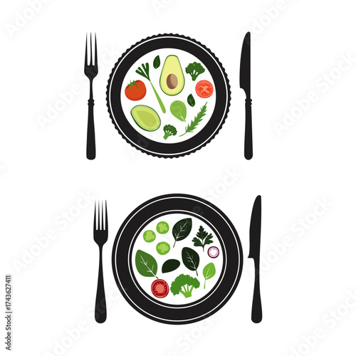 Silhouette of a meal plate with fork and knife representing healthy eating, dieting, and nutrition balance.