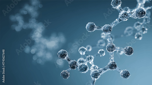 Close-up of molecular structures with a blue background, showcasing interconnected atoms and bonds, representing scientific research and innovation