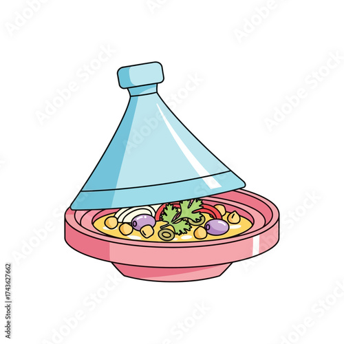 Colorful cartoon illustration of a traditional Moroccan tagine dish.