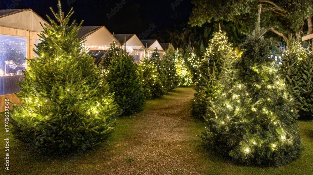 Fototapeta premium Stunning Christmas tree market filled with decorated trees and twinkling lights during the holiday season