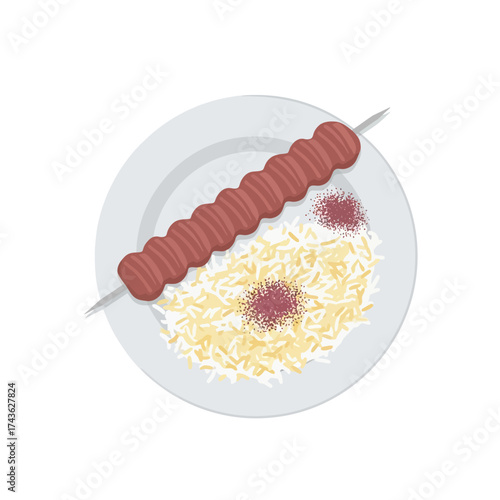 Delicious Koobideh Kebab with Rice on a Plate.