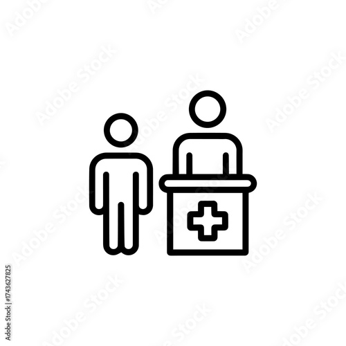 Vector art of line art icon showing a person at a reception desk with a cross symbol