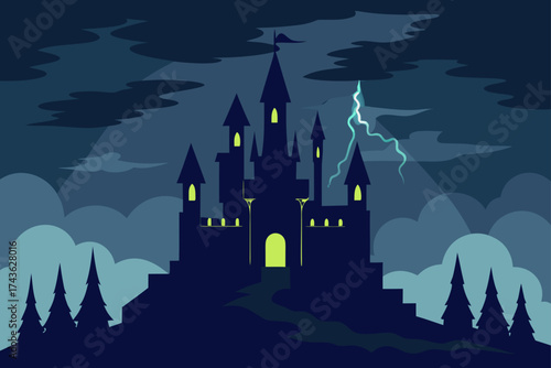 Dark castle silhouette under stormy sky with lightning