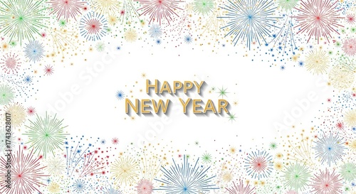 Festive celebration new year greeting with colorful fireworks and golden lettering wishes
