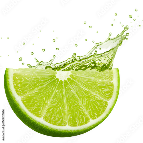 A fresh lime wedge with juice visibly splashing out, highlighting the vibrant green rind and juicy segments, isolated on white or transparent background. PNG