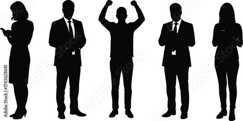 Business people silhouettes in various poses with phones, raised hands, and formal attire in black vector design showing professional behavior