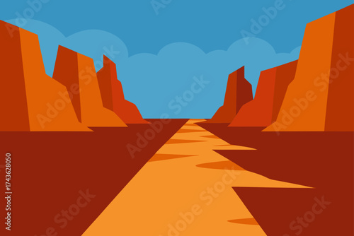 Stylized desert canyon landscape with a winding path and mesas