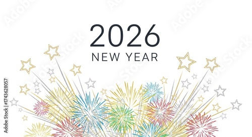 Festive new year 2026 celebration with colorful fireworks and sparkling star decorations against a