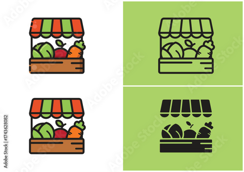Cartoon vector illustration of a vegetable market stall with fresh produce. Includes colorful, outline, and solid versions. Perfect for food, grocery, organic, and farming designs.