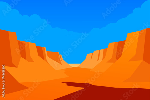 Stylized desert canyon landscape with orange rock formations and blue sky