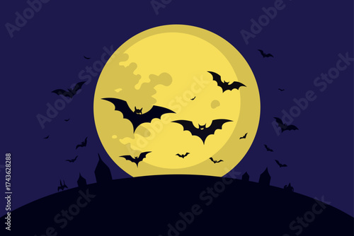 Halloween night with bats flying around a large full moon over silhouetted buildings