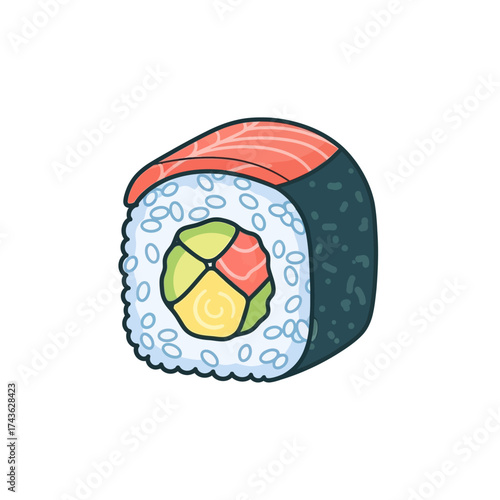 Colorful cartoon illustration of a single Japanese sushi maki roll.