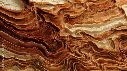 Close-up of intricately layered and curled pages of a book, showcasing various shades of brown and cream, creating a textured and artistic appearance.