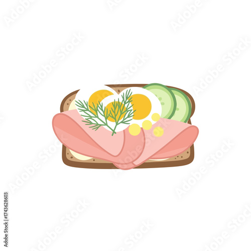 Delicious open faced sandwich with ham eggs and fresh cucumber slices.