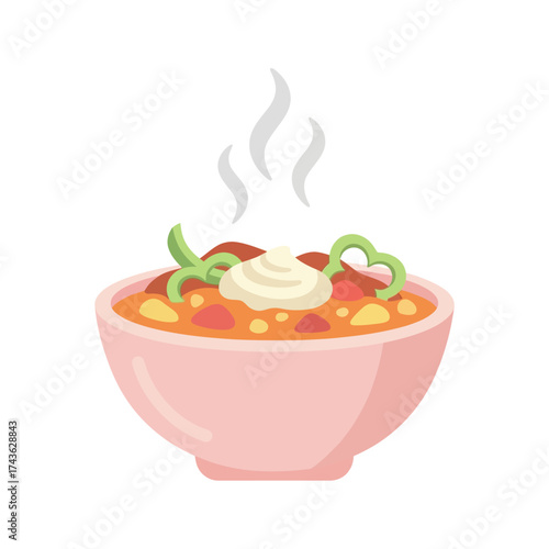 Steaming Bowl of Hearty Chili with Creamy Topping and Green Pepper Garnish.