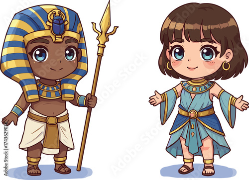 Cartoon ancient Egyptian kids in traditional clothing with staff and robe, showcasing history, culture, diversity, and educational vector illustration concept