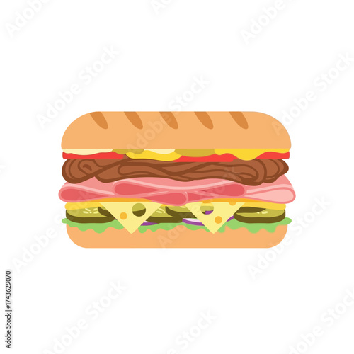 Deliciously Layered Sub Sandwich Illustration with Fresh Ingredients.