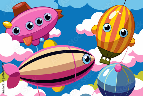 Cartoon airships and balloons with cute faces floating in the sky with clouds