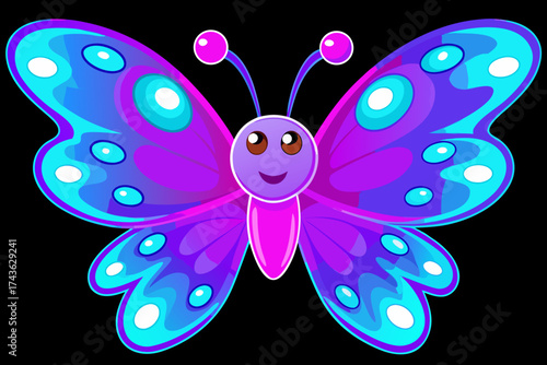 Cartoon butterfly with cute face and colorful wings on a