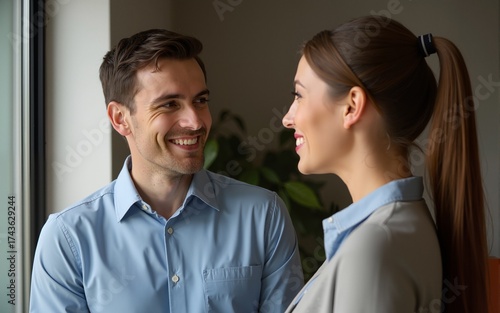 Young man telling gossips to his woman colleague. High quality
