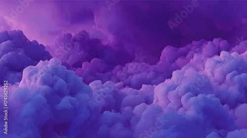 A dreamy landscape of fluffy clouds in shades of purple, creating a surreal and ethereal atmosphere