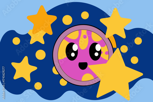 Cute cartoon sea creature with stars and bubbles in the ocean at night time