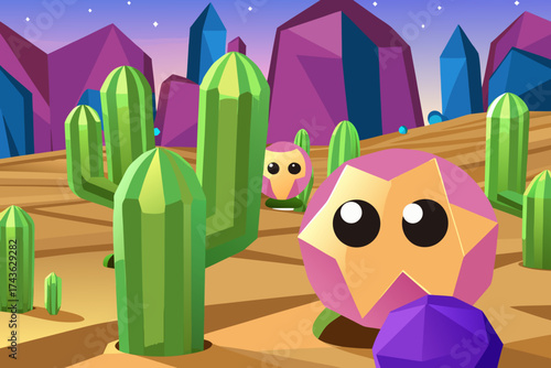 Cartoon desert landscape with cactus and cute monster in a low poly style