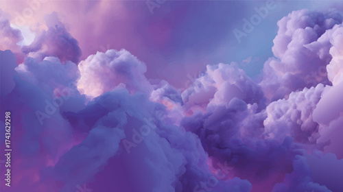 A dreamy landscape of fluffy clouds in shades of purple, creating a surreal and ethereal atmosphere