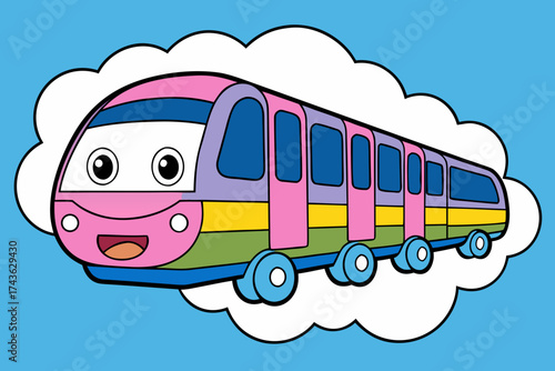 A cute cartoon train with a friendly face travels through fluffy white clouds
