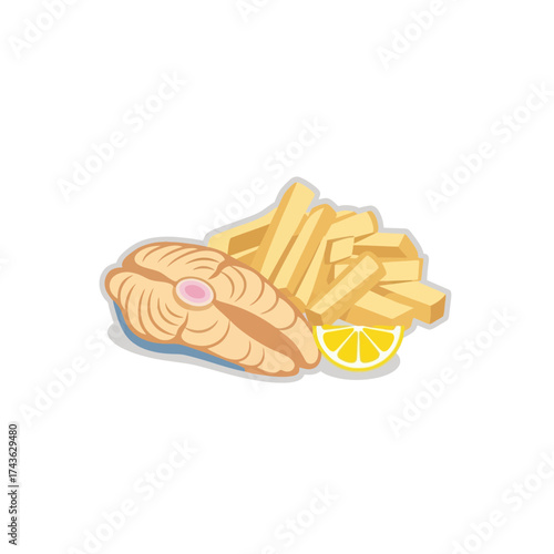 Delicious Salmon Steak with Golden French Fries and Lemon Slice.
