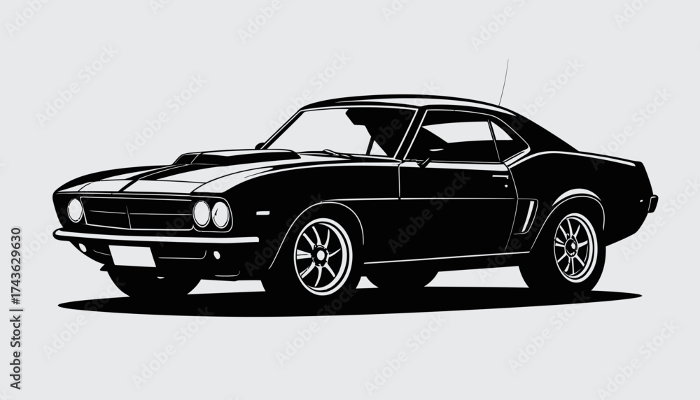 Naklejka premium Classic American Muscle Car Black Silhouette on White Background, Vintage Vehicle Graphics