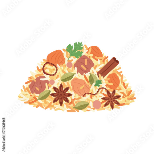 Delicious Indian Biryani Rice Dish with Spices and Meat Illustration.