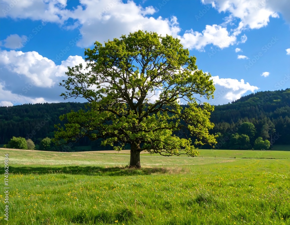 Obraz premium Spring meadow with solitary tree