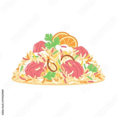 Stylized vector illustration of a traditional Indian biryani dish.