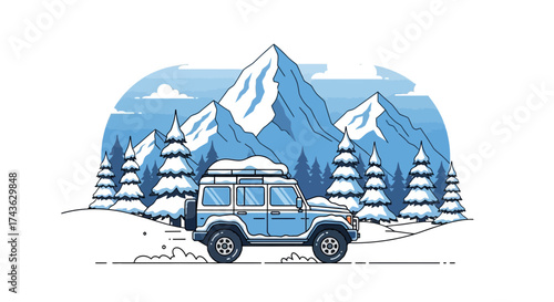 Winter Adventure A blue off-road vehicle explores a snowy mountain landscape with pine trees