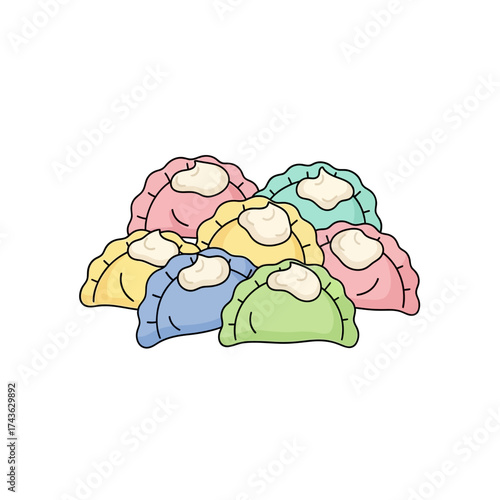 Colorful Dumplings with Sour Cream Topping.