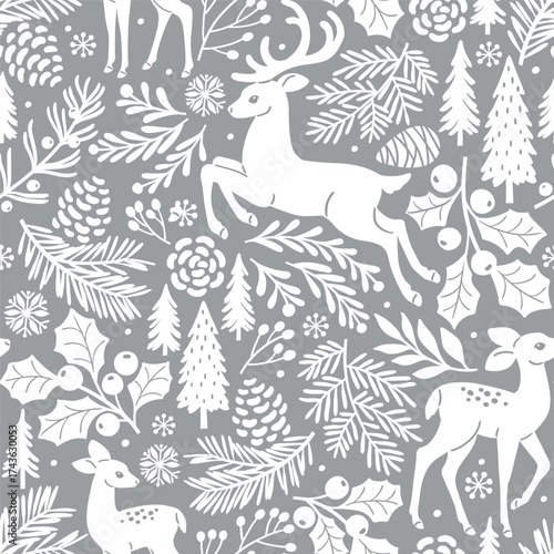 Seamless vector pattern with woodland deer and winter foliage. Cute deer and fawn on botanical background. Hand drawn illustration of wildlife. Perfect for textile, wallpaper or print design.
