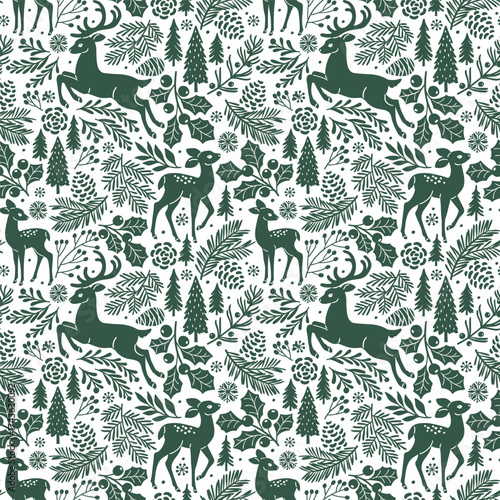Seamless vector pattern with woodland deer and winter foliage. Cute deer and fawn on botanical background. Hand drawn illustration of wildlife. Perfect for textile, wallpaper or print design.