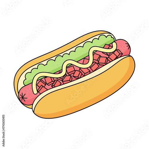 Cartoon illustration of a classic hot dog with mustard relish and onions.