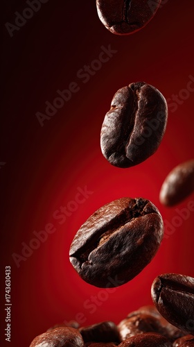 A striking image of falling coffee beans against a vibrant red background, showcasing their rich color and texture.