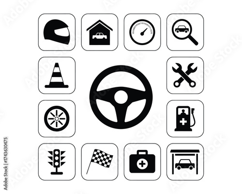 Car service and driving school vector icon collection with symbols for repair, fuel, and racing