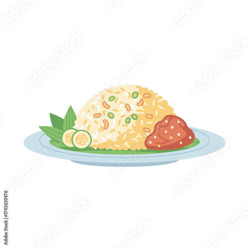 Delicious Fried Rice with Chicken and Fresh Vegetables on a Plate.
