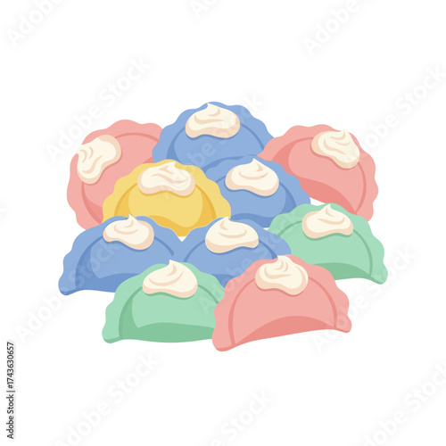 Colorful Dumplings with Cream Topping Illustration.