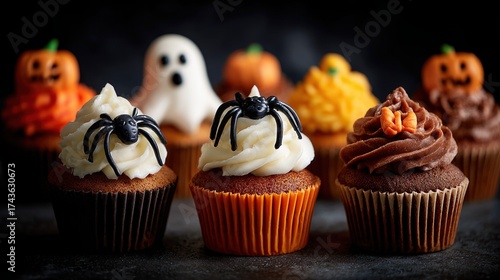 Festive Halloween-themed cupcakes decorated with spiders, ghosts, and pumpkins, perfect for spooky celebrations and autumn treats.