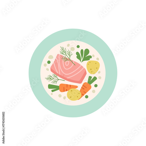 Illustrated plate of salmon fillet with fresh vegetables.
