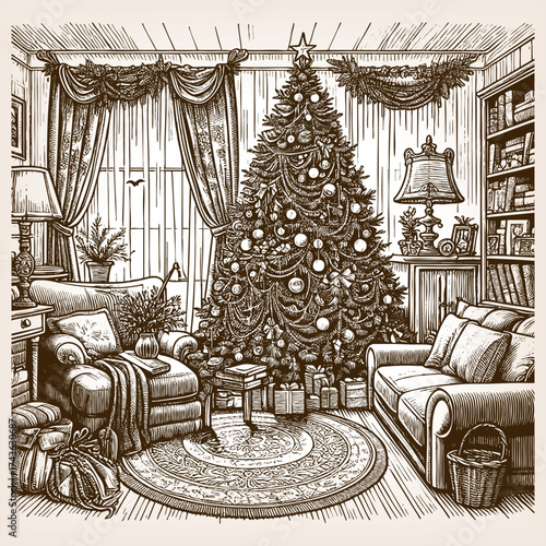 festive living room with a decorated Christmas tree, presents, and warm holiday atmosphere sketch engraving generative ai vector illustration. Scratch board imitation. Black and white image.
