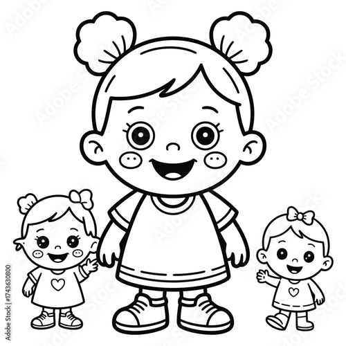 Vector illustration of three happy cute cartoon girls for coloring book and children's designs scalable eps silhouette White background