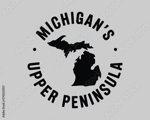 A black and white circular logo design of Michigan's Upper Peninsula, a vector graphic emblem perfect for travel and tourism
