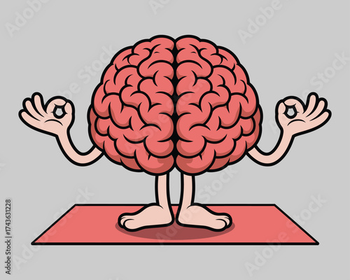 Cartoon brain character in lotus pose meditating on a yoga mat, illustrating mental wellness and mindfulness practices