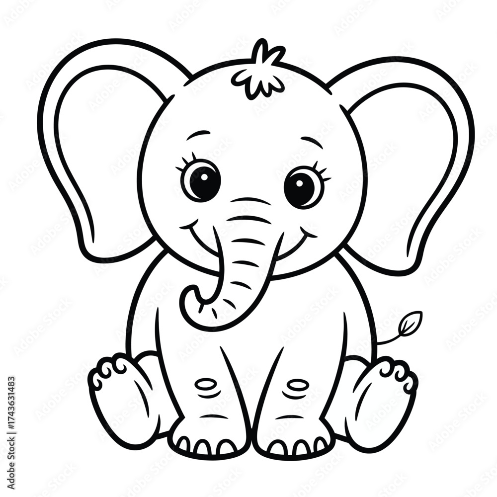 Fototapeta premium Cute baby elephant sitting coloring page vector illustration for kids eps scalable animal art silhouette White background
